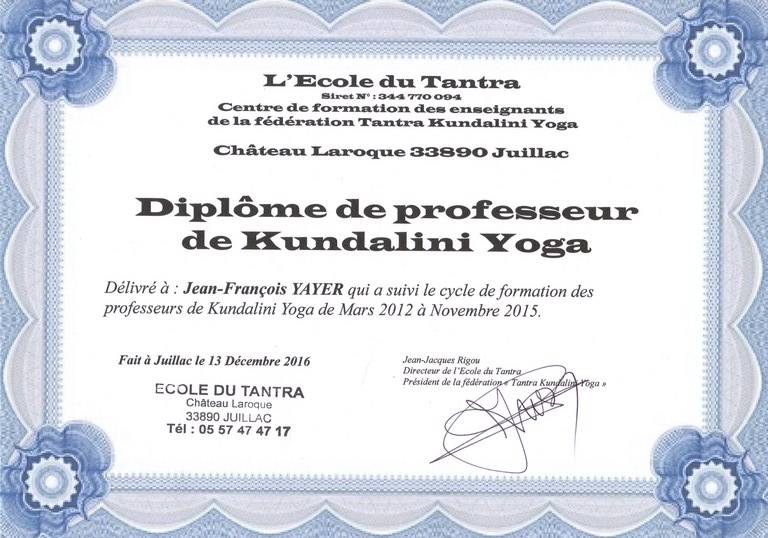 Diplôme de Kundalini Yoga, attribué à JF YAYER en 2015
