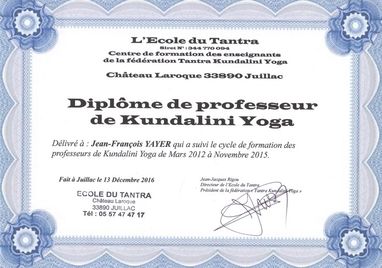 Diplôme de l'école du Tantra à Juillac 33